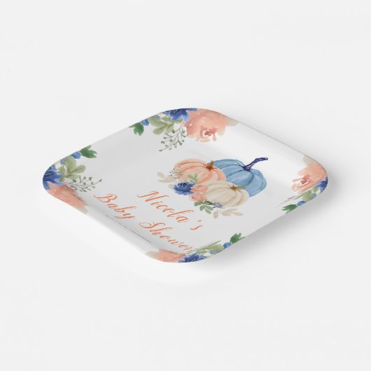 Navy Blue en Blush Bloemenpompoenen Baby shower Papieren Bordje (Gebogen)