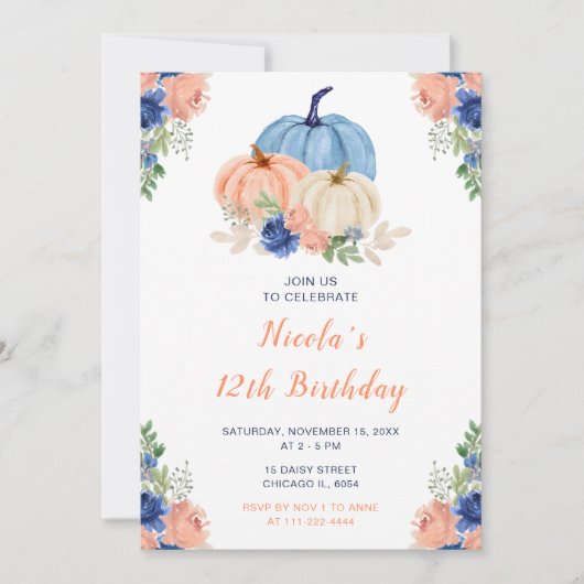 Navy Blue en Blush Bloemenpompoenen Verjaardag Kaart (Voorkant)