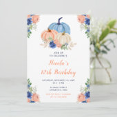 Navy Blue en Blush Bloemenpompoenen Verjaardag Kaart (Staand voorkant)