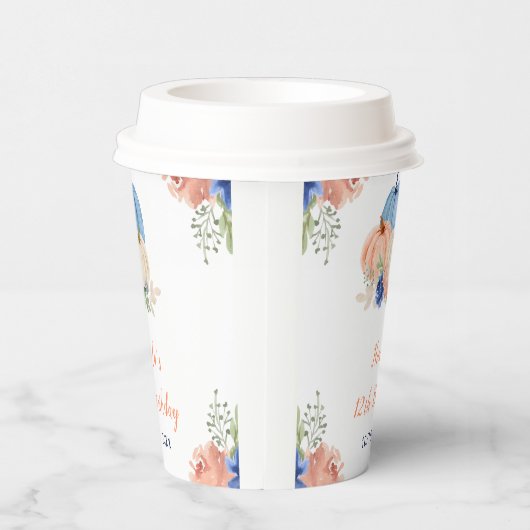 Navy Blue en Blush Bloemenpompoenen Verjaardag Papieren Bekers (Rechts)