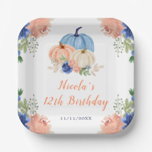 Navy Blue en Blush Bloemenpompoenen Verjaardag Papieren Bordje