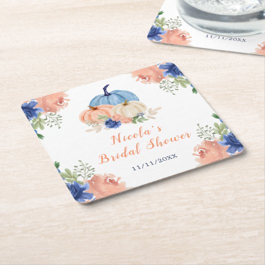 Navy Blue en Blush Bloemenpompoenen Vrijgezellenfe Kartonnen Onderzetters (Schuin)