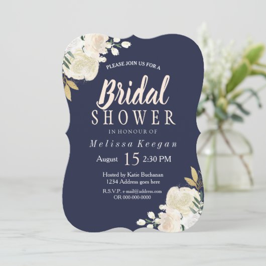 Navy Blue en Blush Bruids Douche Uitnodigingen (Staand voorkant)