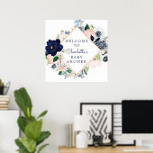 Navy Blue en Blush Floral Baby shower Welkom Poster (Thuiskantoor)