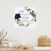Navy Blue en Blush Floral Baby shower Welkom Poster (Keuken)