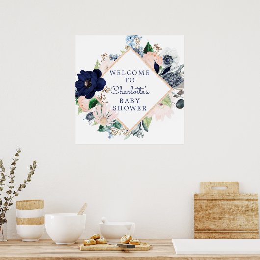 Navy Blue en Blush Floral Baby shower Welkom Poster (Keuken)