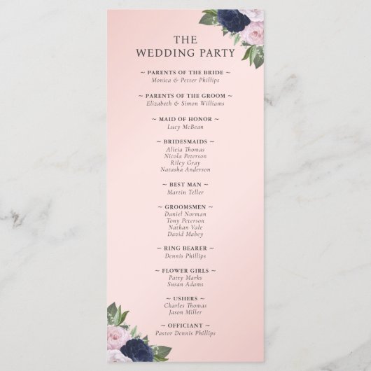 Navy Blue en Blush Floral bruiloft programma Programmakaart (Achterkant)