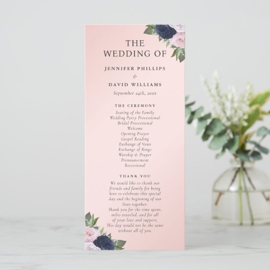 Navy Blue en Blush Floral bruiloft programma Programmakaart (Staand voorkant)