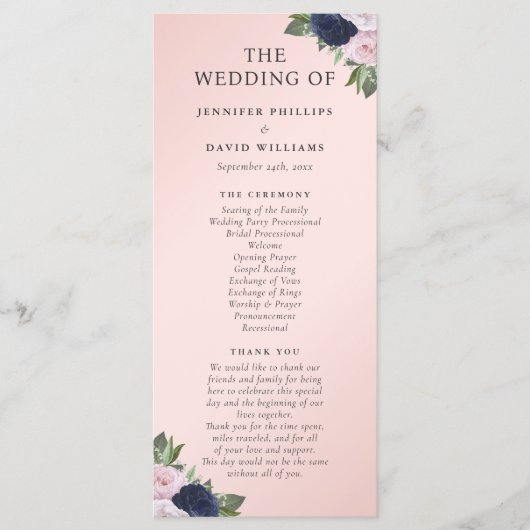 Navy Blue en Blush Floral bruiloft programma Programmakaart (Voorkant)