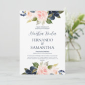 Navy Blue en Blush Floral Spain Wedding Kaart (Staand voorkant)