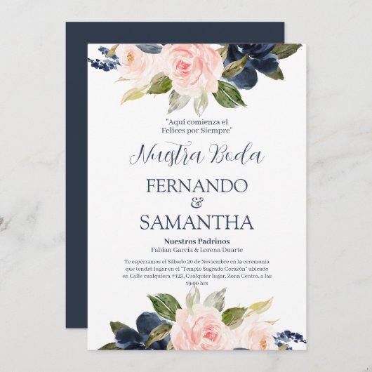 Navy Blue en Blush Floral Spain Wedding Kaart (Voorkant / Achterkant)