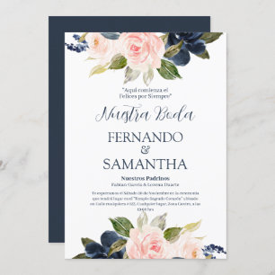 Navy Blue en Blush Floral Spain Wedding Kaart
