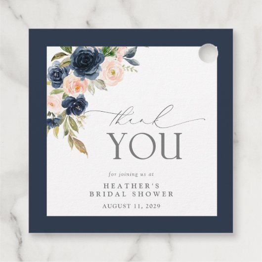 Navy Blue en Blush Floral Waterverf Vrijgezellenfe Bedankjes Labels (Achterkant)