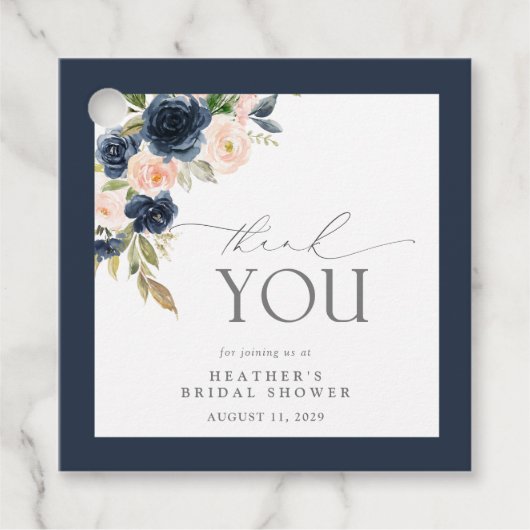 Navy Blue en Blush Floral Waterverf Vrijgezellenfe Bedankjes Labels (Voorkant)