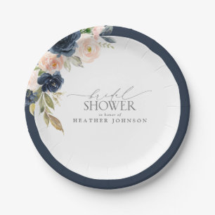 Navy Blue en Blush Floral Waterverf Vrijgezellenfe Papieren Bordje