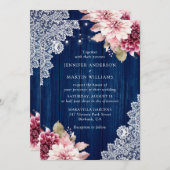 Navy Blue en Blush Floral Wedding Kaart (Voorkant / Achterkant)