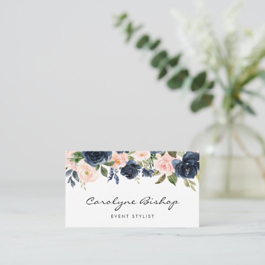 Navy Blue en Blush Flowers Garland Script Visitekaartje (Staand voorkant)