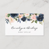 Navy Blue en Blush Flowers Garland Script Visitekaartje (Voorkant)