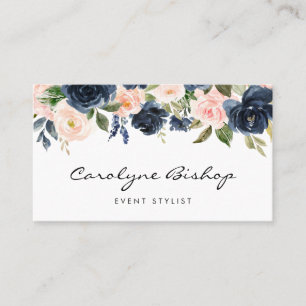 Navy Blue en Blush Flowers Garland Script Visitekaartje