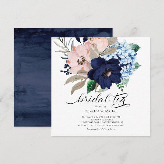 Navy Blue en Blush Flowers Vrijgezellenfeest Tea Kaart (Voorkant / Achterkant)