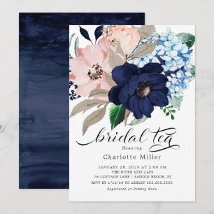 Navy Blue en Blush Flowers Vrijgezellenfeest Tea Kaart