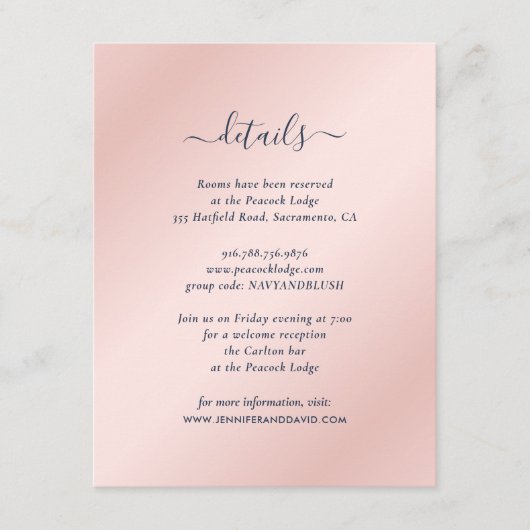 Navy Blue en Blush Guest Information Kaarten (Voorkant)