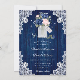 Navy Blue en Blush Lace Mason Jar Floral Wedding Kaart