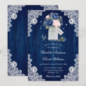 Navy Blue en Blush Lace Mason Jar Floral Wedding Kaart (Voorkant / Achterkant)