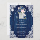 Navy Blue en Blush Lace Mason Jar Floral Wedding Kaart (Voorkant)