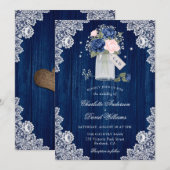 Navy Blue en Blush Lace Mason Jar Floral Wedding Kaart (Voorkant / Achterkant)