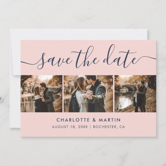 Navy Blue en Blush Modern Script Trouwfoto Save The Date (Voorkant)