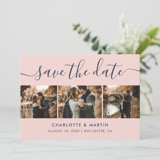 Navy Blue en Blush Modern Script Trouwfoto Save The Date (Staand voorkant)