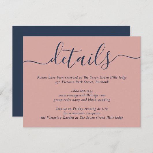 Navy Blue en Blush Modern Script Wedding Informatiekaartje (Voorkant / Achterkant)