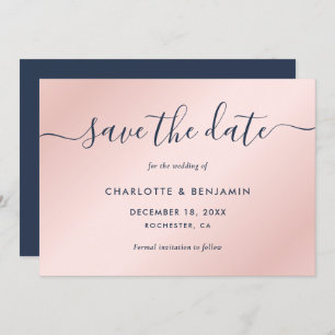 Navy Blue en Blush Modern Script Wedding Save The Date