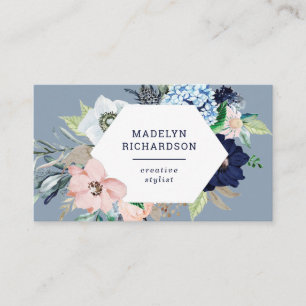 Navy Blue en Blush Nautical Flowers op Dusty Blue Visitekaartje