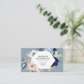 Navy Blue en Blush Nautical Flowers op Dusty Blue Visitekaartje (Staand voorkant)