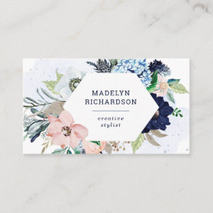 Navy Blue en Blush Nautical Flowers op White Visitekaartje