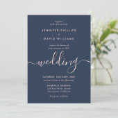 Navy Blue en Blush Photo Modern Script Wedding Kaart (Staand voorkant)
