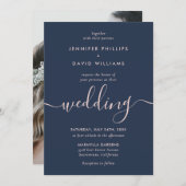Navy Blue en Blush Photo Modern Script Wedding Kaart (Voorkant / Achterkant)