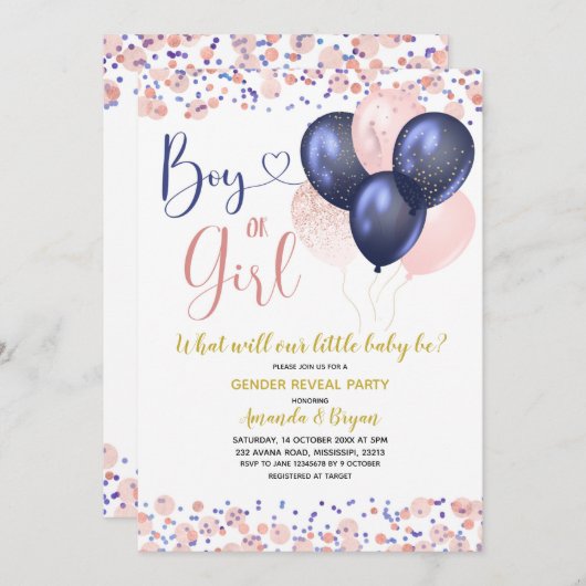 Navy Blue en Blush Pink Ballon Gender onthullen Kaart (Voorkant / Achterkant)