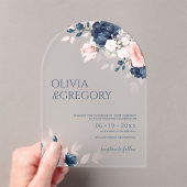 Navy Blue en Blush Pink Bouquet Wedding Acryl Uitnodigingen (Insitu (Draagbaar))