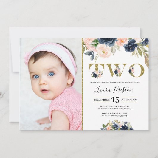 Navy Blue en Blush Pink Floral 2e verjaardag Foto Kaart (Voorkant)