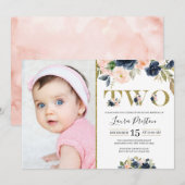 Navy Blue en Blush Pink Floral 2e verjaardag Foto Kaart (Voorkant / Achterkant)