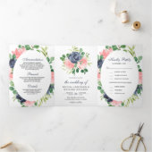 Navy Blue en Blush Pink Floral 3 in 1 bruiloft Drieluik Uitnodiging (Binnen)