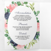 Navy Blue en Blush Pink Floral 3 in 1 bruiloft Drieluik Uitnodiging (Binnenzijde eerst)