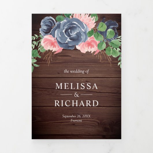 Navy Blue en Blush Pink Floral Barn Wood Weddensch Drieluik Uitnodiging (Cover)