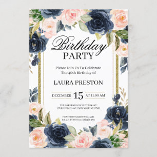 Navy Blue en Blush Pink Floral Birthday Kaart