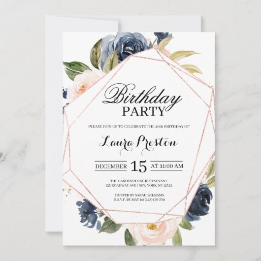 Navy Blue en Blush Pink Floral Birthday Kaart (Voorkant)