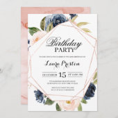 Navy Blue en Blush Pink Floral Birthday Kaart (Voorkant / Achterkant)