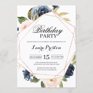 Navy Blue en Blush Pink Floral Birthday Kaart